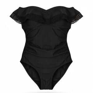 Kona Sol Black One Piece Swimsuit S Off Shoulder Pom Trim Ruched Pool Party